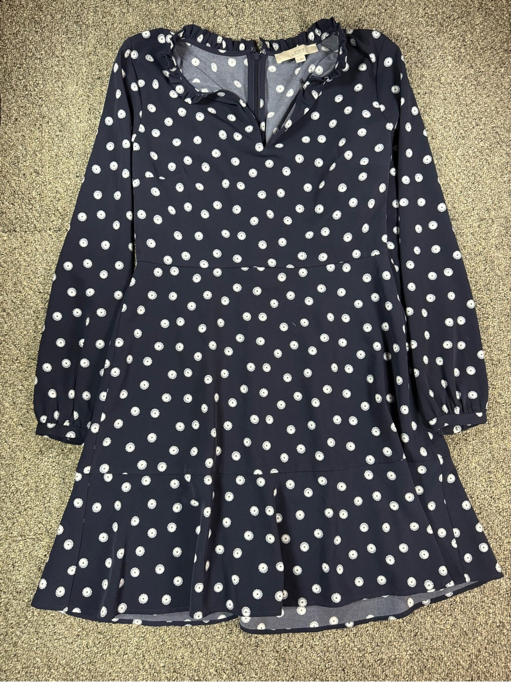 LOFT Navy Blue Midi Dress with White Polka Dots
